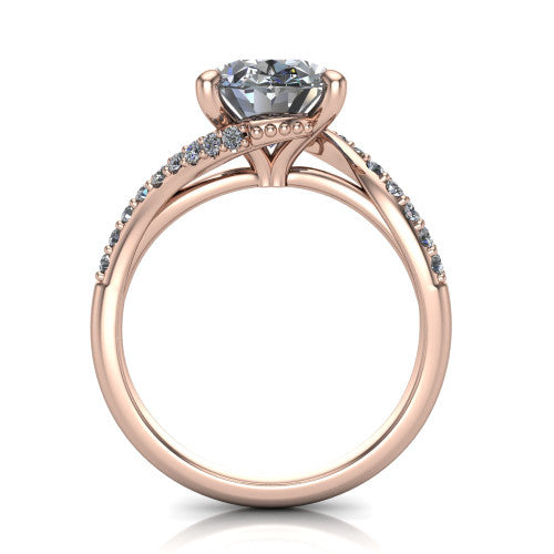 Aurora oval classic engagement ring in 14K Rose Gold, through-finger front profile showing the solitaire head raised above the twisting pav&eacute; band