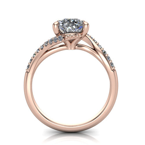 Aurora pear classic engagement ring in 14K Rose Gold, through-finger front profile showing the solitaire head raised above the twisting pav&eacute; band