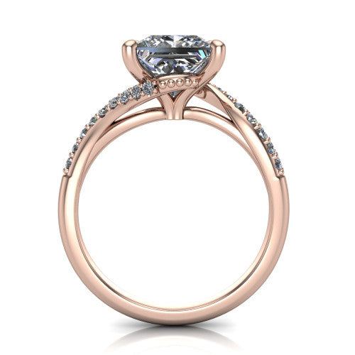 Aurora princess classic engagement ring in 14K Rose Gold, through-finger front profile showing the solitaire head raised above the twisting pav&eacute; band
