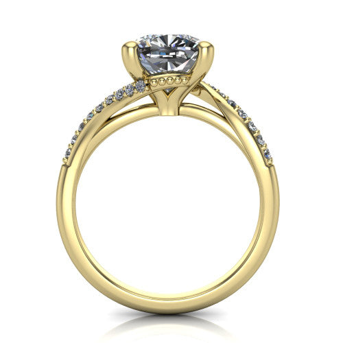 Aurora cushion classic engagement ring in 14K Yellow Gold, through-finger front profile showing the solitaire head raised above the twisting pav&eacute; band