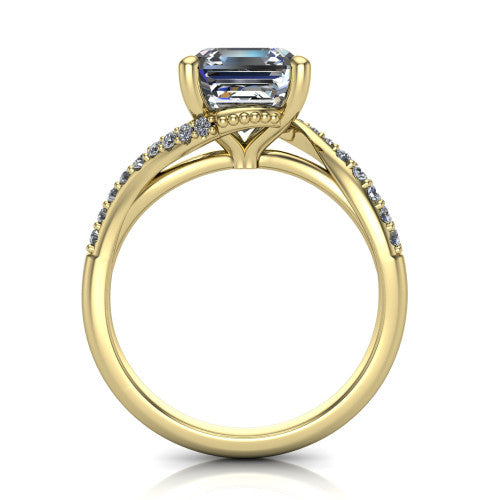 Aurora asscher classic engagement ring in 18K Yellow Gold, through-finger front profile showing the solitaire head raised above the twisting pav&eacute; band
