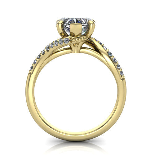 Aurora heart classic engagement ring in 14K Yellow Gold, through-finger front profile showing the solitaire head raised above the twisting pav&eacute; band