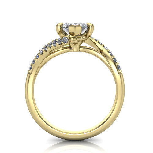 Aurora marquise classic engagement ring in 18K Yellow Gold, through-finger front profile showing the solitaire head raised above the twisting pav&eacute; band