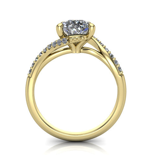 Aurora pear classic engagement ring in 18K Yellow Gold, through-finger front profile showing the solitaire head raised above the twisting pav&eacute; band
