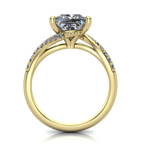 Aurora princess classic engagement ring in 18K Yellow Gold, through-finger front profile showing the solitaire head raised above the twisting pav&eacute; band