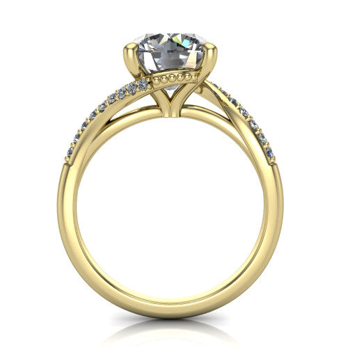 Aurora round classic engagement ring in 18K Yellow Gold, through-finger front profile showing the solitaire head raised above the twisting pav&eacute; band