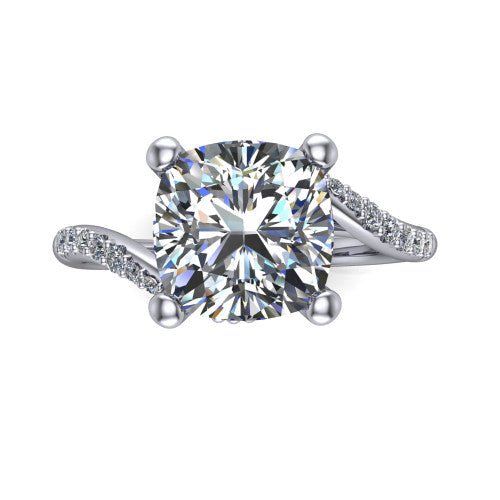 Aurora cushion classic engagement ring in 14K White Gold, top-down view showing the prong-set center diamond where the pav&eacute; bypass shank crosses beneath the head