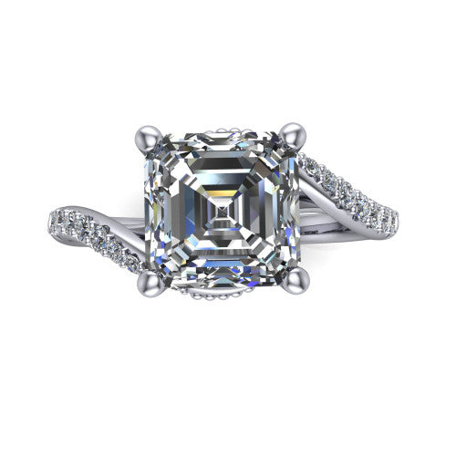 Aurora asscher classic engagement ring in 14K White Gold, top-down view showing the prong-set center diamond where the pav&eacute; bypass shank crosses beneath the head
