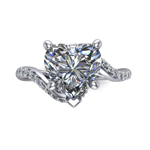 Aurora heart classic engagement ring in Platinum, top-down view showing the prong-set center diamond where the pav&eacute; bypass shank crosses beneath the head