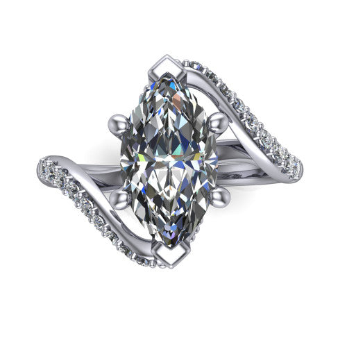 Aurora marquise classic engagement ring in 14K White Gold, top-down view showing the prong-set center diamond where the pav&eacute; bypass shank crosses beneath the head