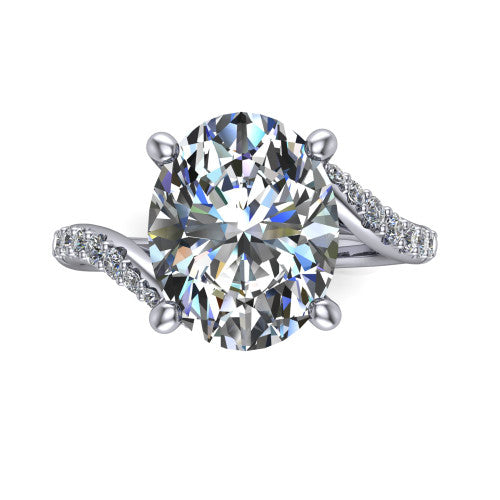 Aurora oval classic engagement ring in 14K White Gold, top-down view showing the prong-set center diamond where the pav&eacute; bypass shank crosses beneath the head