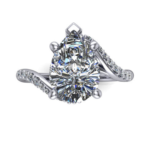 Aurora pear classic engagement ring in 18K White Gold, top-down view showing the prong-set center diamond where the pav&eacute; bypass shank crosses beneath the head