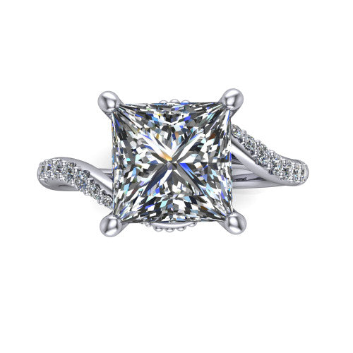 Aurora princess classic engagement ring in 14K White Gold, top-down view showing the prong-set center diamond where the pav&eacute; bypass shank crosses beneath the head