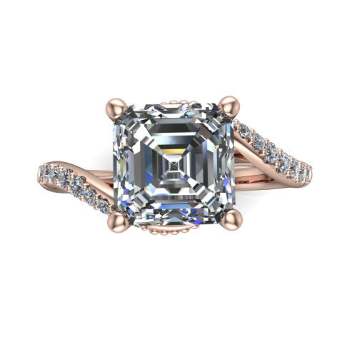 Aurora asscher classic engagement ring in 14K Rose Gold, top-down view showing the prong-set center diamond where the pav&eacute; bypass shank crosses beneath the head