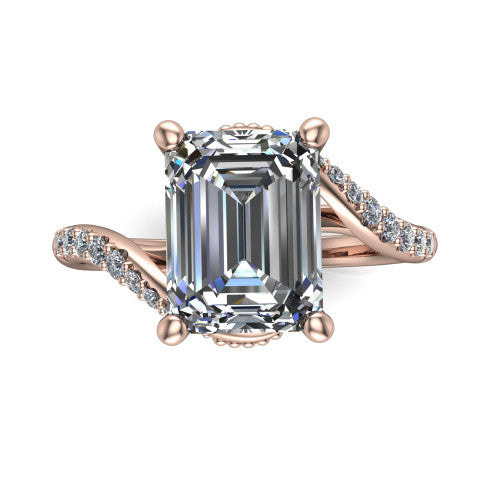 Aurora emerald classic engagement ring in 14K Rose Gold, top-down view showing the prong-set center diamond where the pav&eacute; bypass shank crosses beneath the head