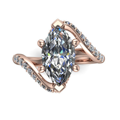 Aurora marquise classic engagement ring in 18K Rose Gold, top-down view showing the prong-set center diamond where the pav&eacute; bypass shank crosses beneath the head
