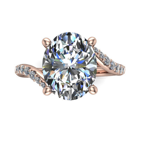 Aurora oval classic engagement ring in 18K Rose Gold, top-down view showing the prong-set center diamond where the pav&eacute; bypass shank crosses beneath the head