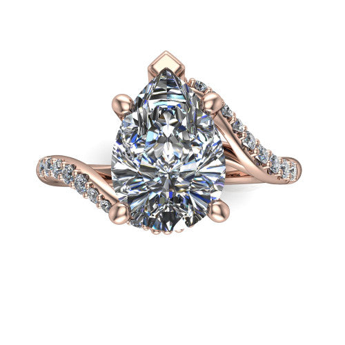 Aurora pear classic engagement ring in 14K Rose Gold, top-down view showing the prong-set center diamond where the pav&eacute; bypass shank crosses beneath the head