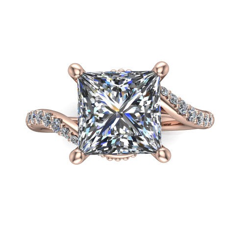 Aurora princess classic engagement ring in 14K Rose Gold, top-down view showing the prong-set center diamond where the pav&eacute; bypass shank crosses beneath the head