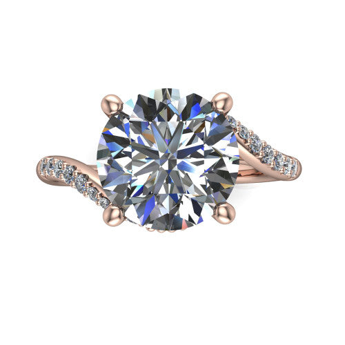 Aurora round classic engagement ring in 18K Rose Gold, top-down view showing the prong-set center diamond where the pav&eacute; bypass shank crosses beneath the head