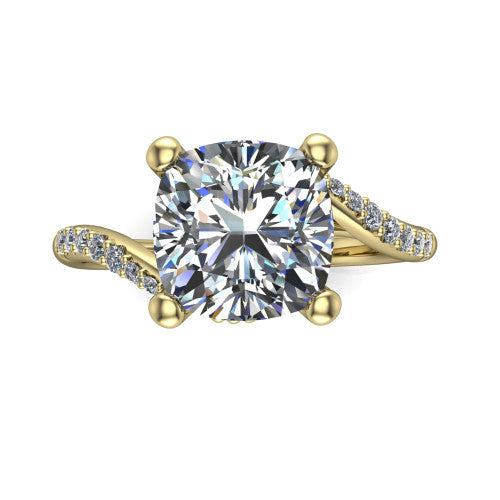 Aurora cushion classic engagement ring in 14K Yellow Gold, top-down view showing the prong-set center diamond where the pav&eacute; bypass shank crosses beneath the head