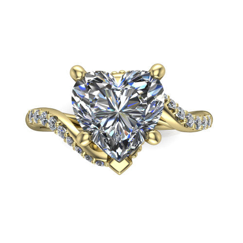 Aurora heart classic engagement ring in 14K Yellow Gold, top-down view showing the prong-set center diamond where the pav&eacute; bypass shank crosses beneath the head