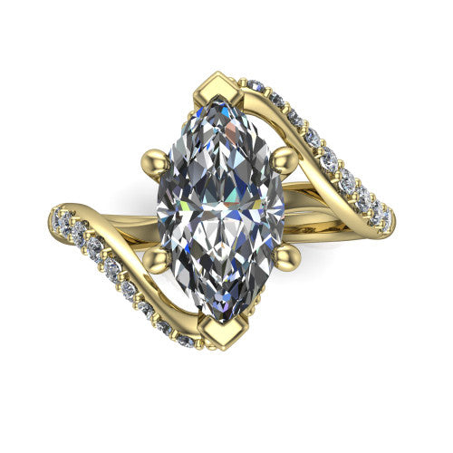 Aurora marquise classic engagement ring in 18K Yellow Gold, top-down view showing the prong-set center diamond where the pav&eacute; bypass shank crosses beneath the head