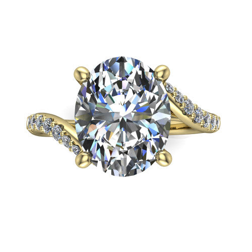 Aurora oval classic engagement ring in 18K Yellow Gold, top-down view showing the prong-set center diamond where the pav&eacute; bypass shank crosses beneath the head