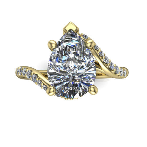 Aurora pear classic engagement ring in 18K Yellow Gold, top-down view showing the prong-set center diamond where the pav&eacute; bypass shank crosses beneath the head