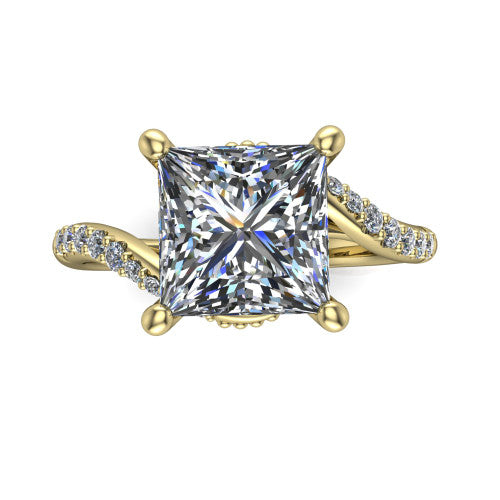 Aurora princess classic engagement ring in 14K Yellow Gold, top-down view showing the prong-set center diamond where the pav&eacute; bypass shank crosses beneath the head