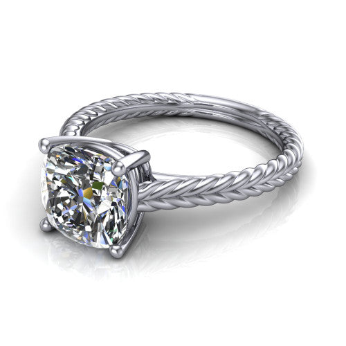 Jayden cushion classic engagement ring in 18K White Gold, three-quarter perspective showing the solitaire center diamond raised above a woven rope braid shank