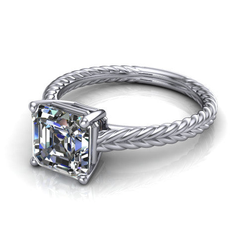 Jayden asscher classic engagement ring in Platinum, three-quarter perspective showing the solitaire center diamond raised above a woven rope braid shank