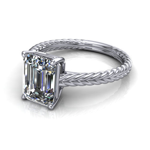 Jayden emerald classic engagement ring in 18K White Gold, three-quarter perspective showing the solitaire center diamond raised above a woven rope braid shank