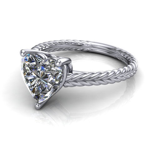 Jayden heart classic engagement ring in 18K White Gold, three-quarter perspective showing the solitaire center diamond raised above a woven rope braid shank