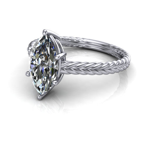 Jayden marquise classic engagement ring in 18K White Gold, three-quarter perspective showing the solitaire center diamond raised above a woven rope braid shank