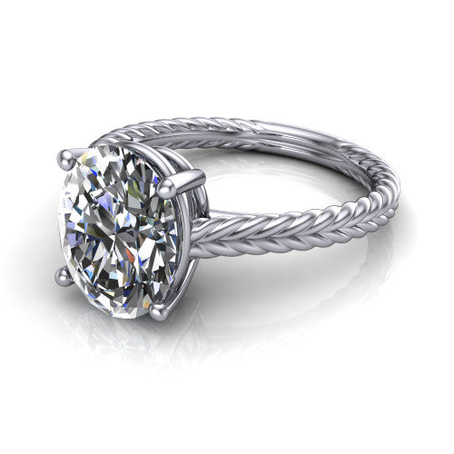 Jayden oval classic engagement ring in 14K White Gold, three-quarter perspective showing the solitaire center diamond raised above a woven rope braid shank