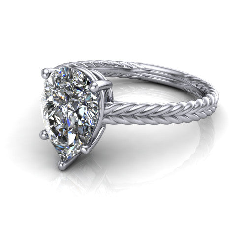 Jayden pear classic engagement ring in 18K White Gold, three-quarter perspective showing the solitaire center diamond raised above a woven rope braid shank