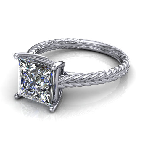 Jayden princess classic engagement ring in Platinum, three-quarter perspective showing the solitaire center diamond raised above a woven rope braid shank