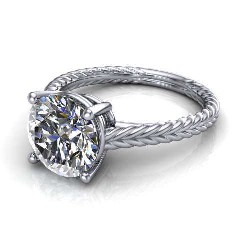 Jayden round classic engagement ring in 14K White Gold, three-quarter perspective showing the solitaire center diamond raised above a woven rope braid shank