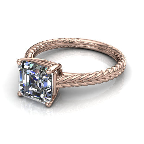 Jayden asscher classic engagement ring in 18K Rose Gold, three-quarter perspective showing the solitaire center diamond raised above a woven rope braid shank