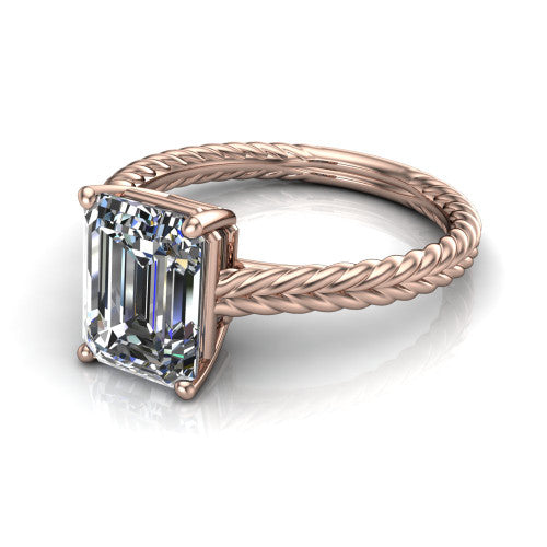 Jayden emerald classic engagement ring in 18K Rose Gold, three-quarter perspective showing the solitaire center diamond raised above a woven rope braid shank