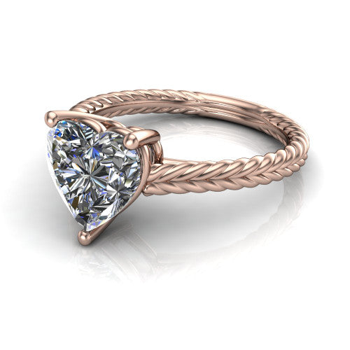 Jayden heart classic engagement ring in 14K Rose Gold, three-quarter perspective showing the solitaire center diamond raised above a woven rope braid shank