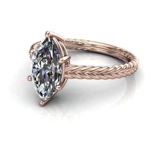 Jayden marquise classic engagement ring in 18K Rose Gold, three-quarter perspective showing the solitaire center diamond raised above a woven rope braid shank