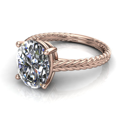 Jayden oval classic engagement ring in 14K Rose Gold, three-quarter perspective showing the solitaire center diamond raised above a woven rope braid shank