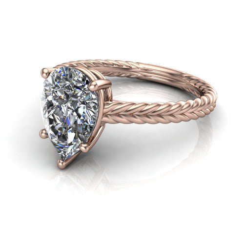 Jayden pear classic engagement ring in 18K Rose Gold, three-quarter perspective showing the solitaire center diamond raised above a woven rope braid shank