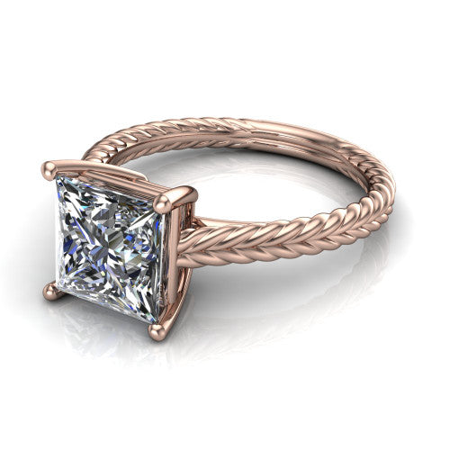 Jayden princess classic engagement ring in 14K Rose Gold, three-quarter perspective showing the solitaire center diamond raised above a woven rope braid shank