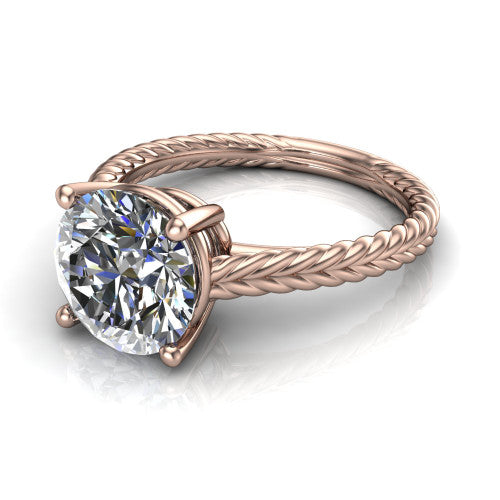 Jayden round classic engagement ring in 14K Rose Gold, three-quarter perspective showing the solitaire center diamond raised above a woven rope braid shank