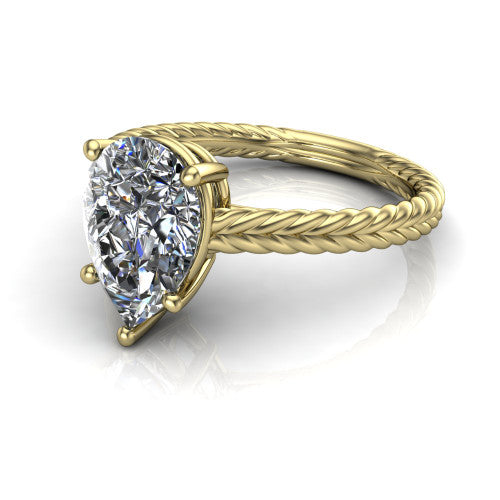 Jayden pear classic engagement ring in 18K Yellow Gold, three-quarter perspective showing the solitaire center diamond raised above a woven rope braid shank