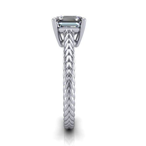 Jayden asscher classic engagement ring in 14K White Gold, side profile showing the plaited rope braid running down the band