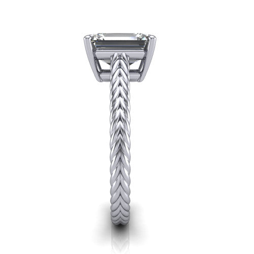 Jayden emerald classic engagement ring in Platinum, side profile showing the plaited rope braid running down the band